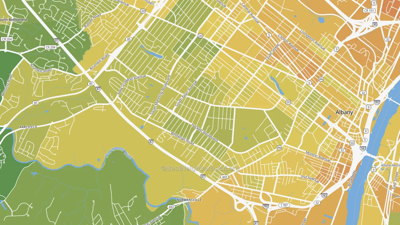 Map of the best neighborhoods in the Helderberg, Albany area, with better matches in green and worse matches in red