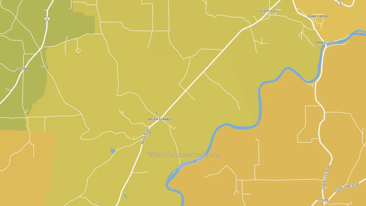 Map of the best neighborhoods in the Helen Furnace area, with better matches in green and worse matches in red