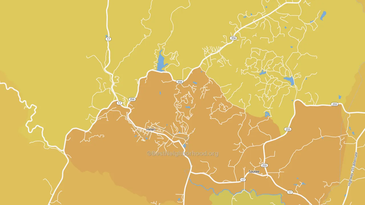 Map of the best neighborhoods in the Helen area, with better matches in green and worse matches in red