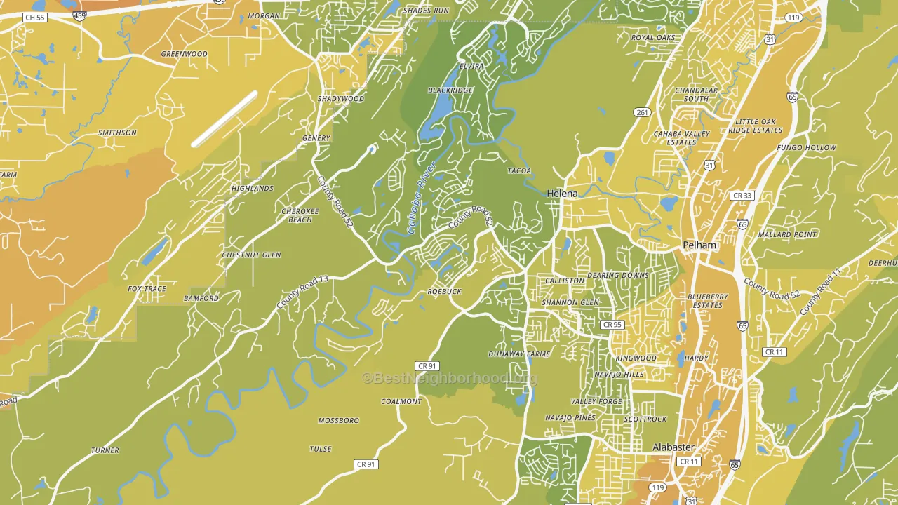 Map of the best neighborhoods in the Helena area, with better matches in green and worse matches in red