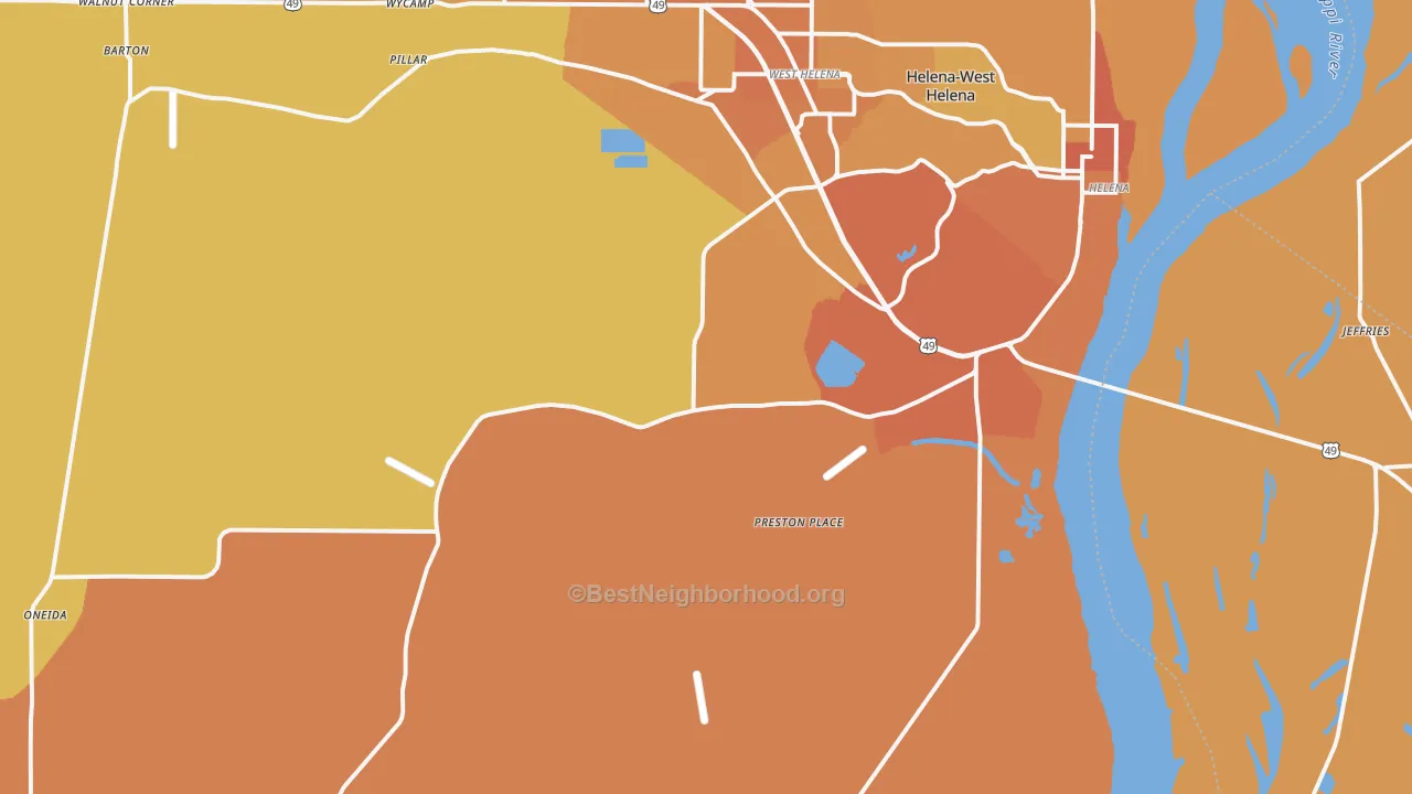 Map of the best neighborhoods in the Helena area, with better matches in green and worse matches in red