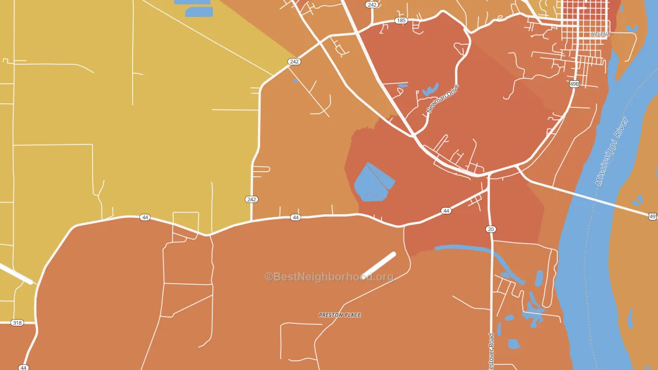 Map of the best neighborhoods in the Helena Crossing area, with better matches in green and worse matches in red