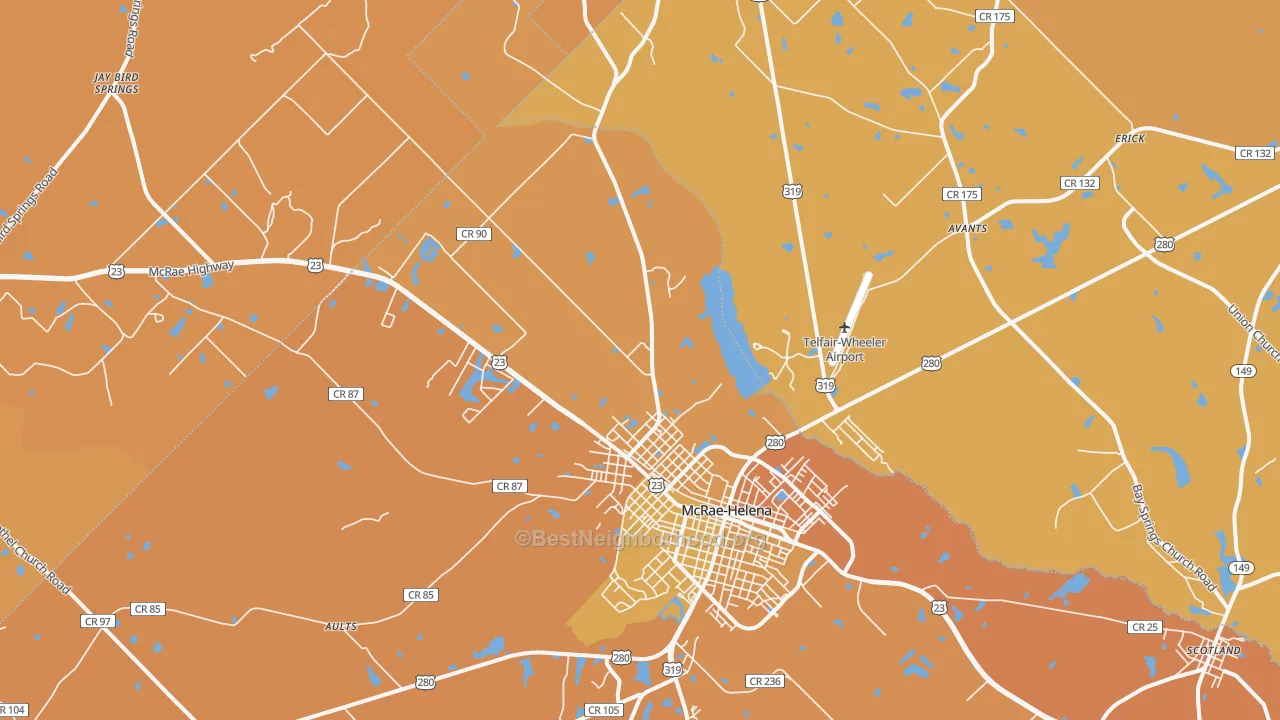 Map of the best neighborhoods in the Helena area, with better matches in green and worse matches in red