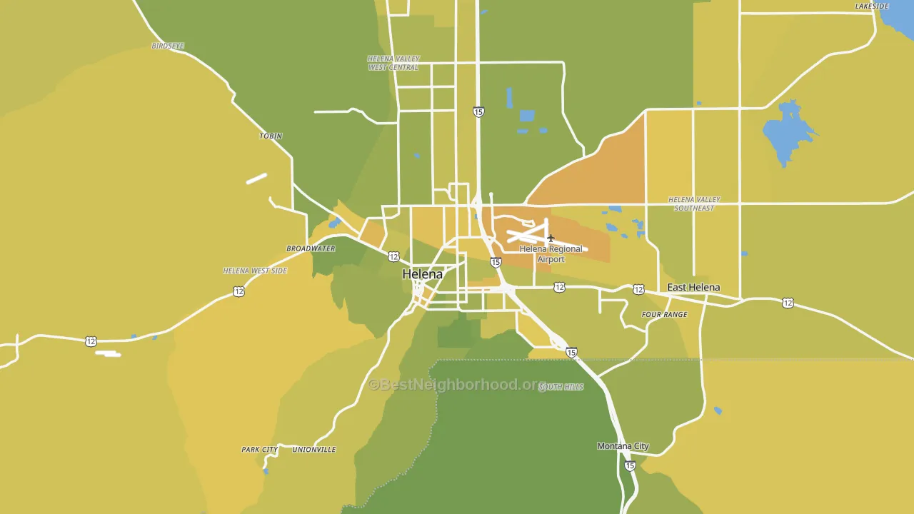 Map of the best neighborhoods in the Helena Metro area, with better matches in green and worse matches in red