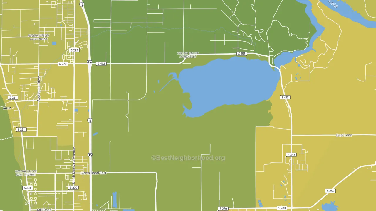 Map of the best neighborhoods in the Helena Valley Northeast area, with better matches in green and worse matches in red
