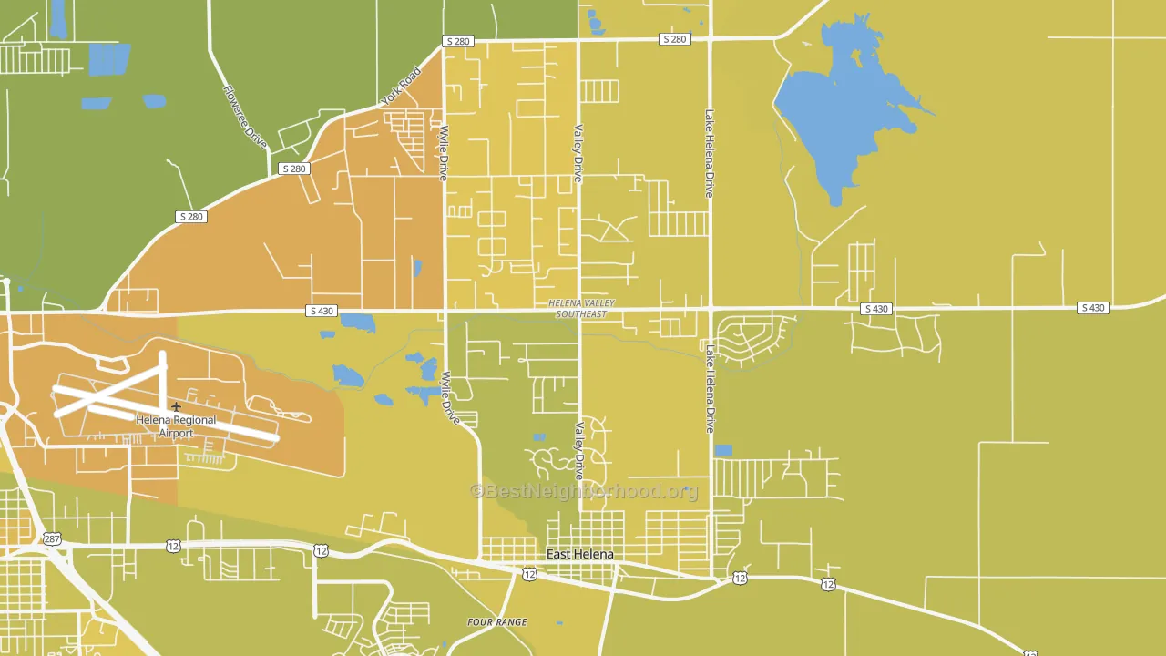 Map of the best neighborhoods in the Helena Valley Southeast area, with better matches in green and worse matches in red