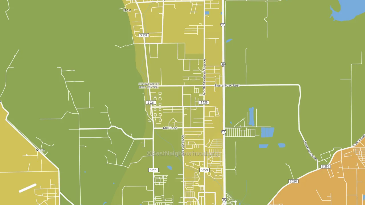 Map of the best neighborhoods in the Helena Valley West Central area, with better matches in green and worse matches in red