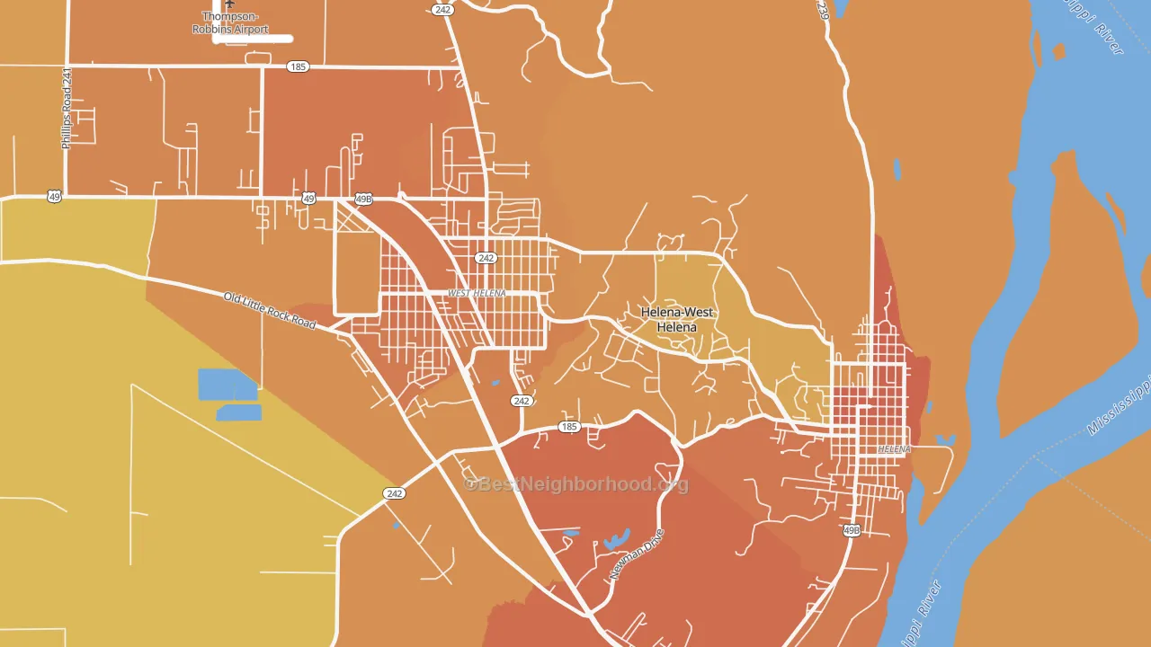 Map of the best neighborhoods in the Helena-West Helena area, with better matches in green and worse matches in red