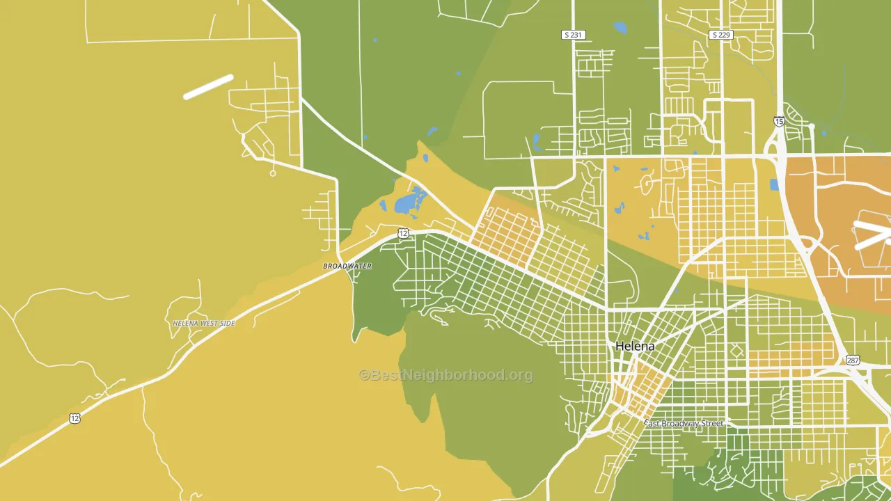 Map of the best neighborhoods in the Helena West Side area, with better matches in green and worse matches in red