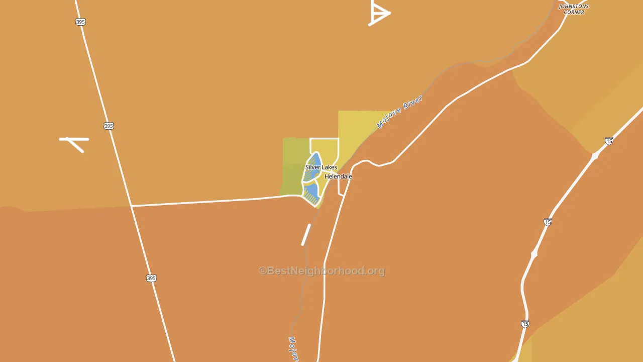 Map of the best neighborhoods in the Helendale area, with better matches in green and worse matches in red