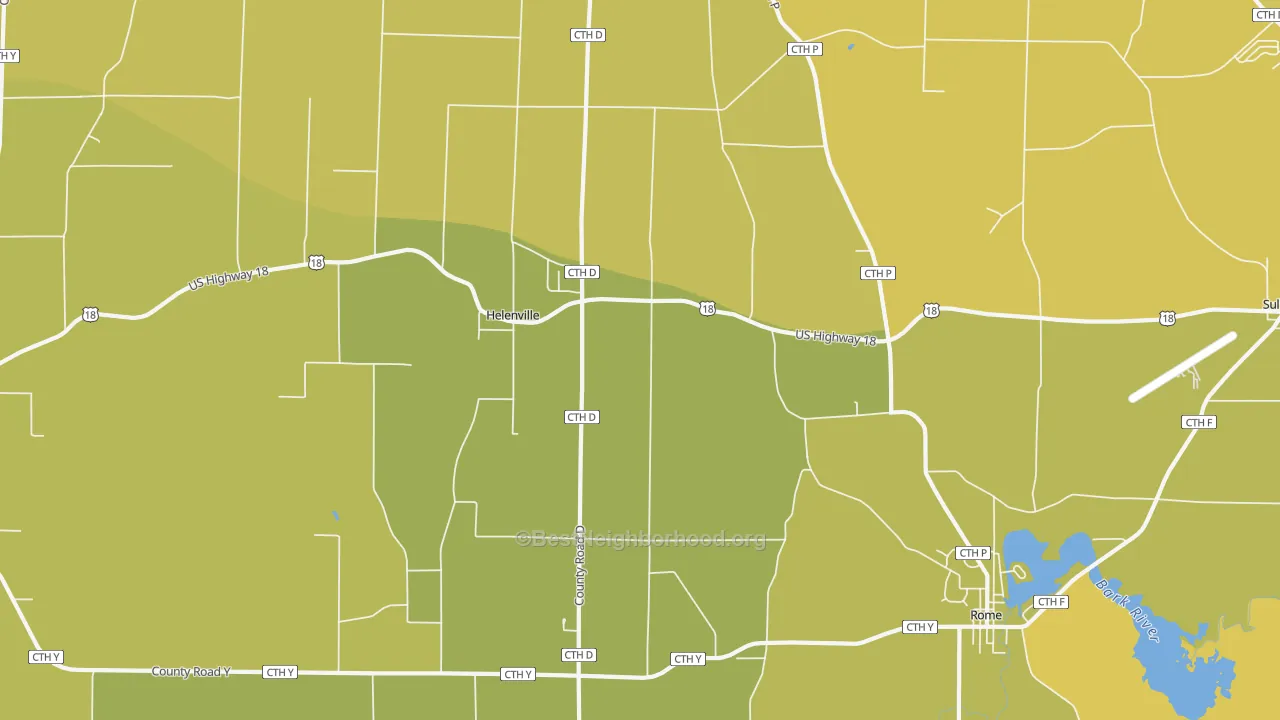 Map of the best neighborhoods in the Helenville area, with better matches in green and worse matches in red