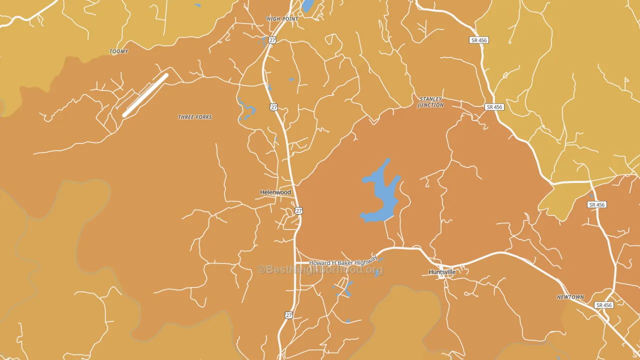 Map of the best neighborhoods in the Helenwood area, with better matches in green and worse matches in red