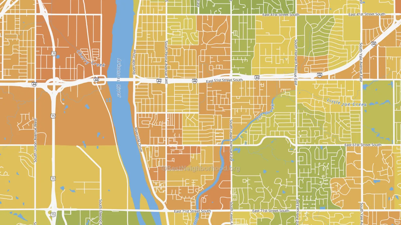 Map of the best neighborhoods in the Heller Park, Tulsa area, with better matches in green and worse matches in red