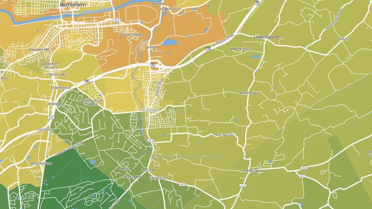 Map of the best neighborhoods in the Hellertown area, with better matches in green and worse matches in red
