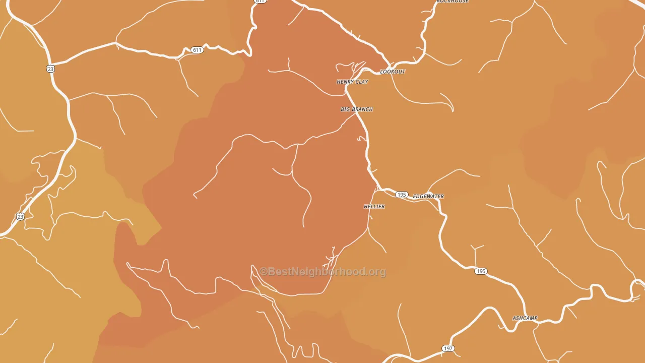 Map of the best neighborhoods in the Hellier area, with better matches in green and worse matches in red