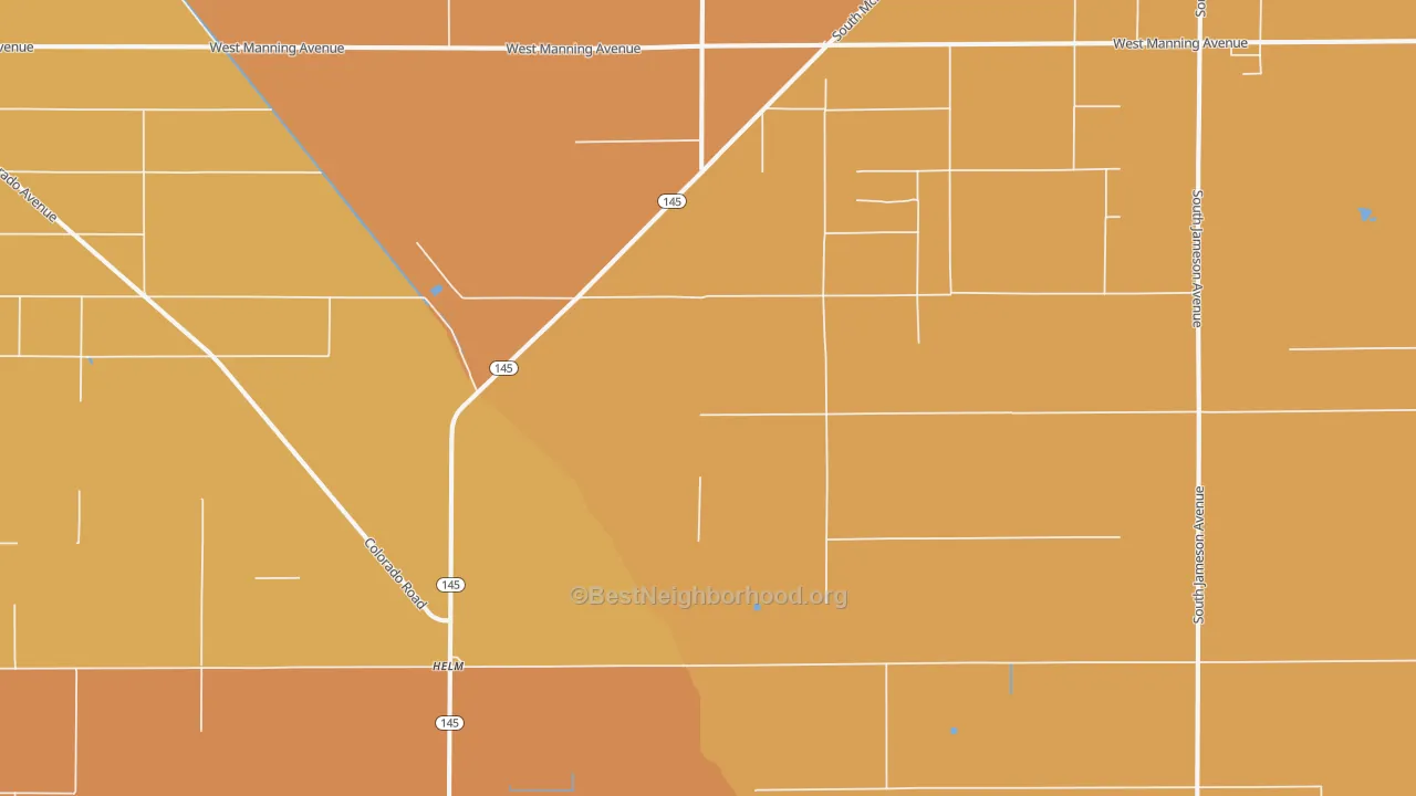 Map of the best neighborhoods in the Helm area, with better matches in green and worse matches in red