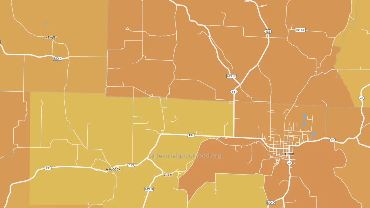 Map of the best neighborhoods in the Helm area, with better matches in green and worse matches in red