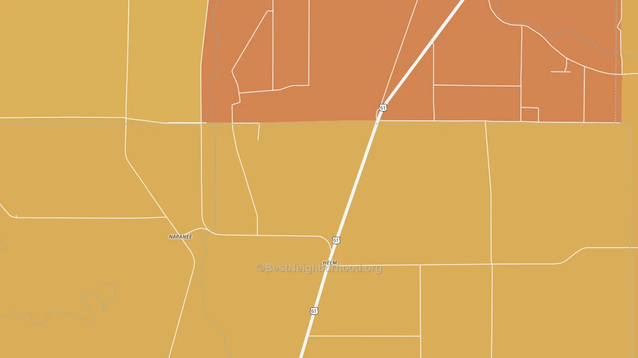Map of the best neighborhoods in the Helm area, with better matches in green and worse matches in red