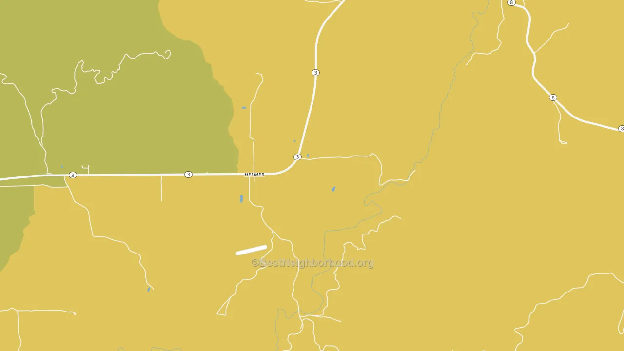Map of the best neighborhoods in the Helmer area, with better matches in green and worse matches in red