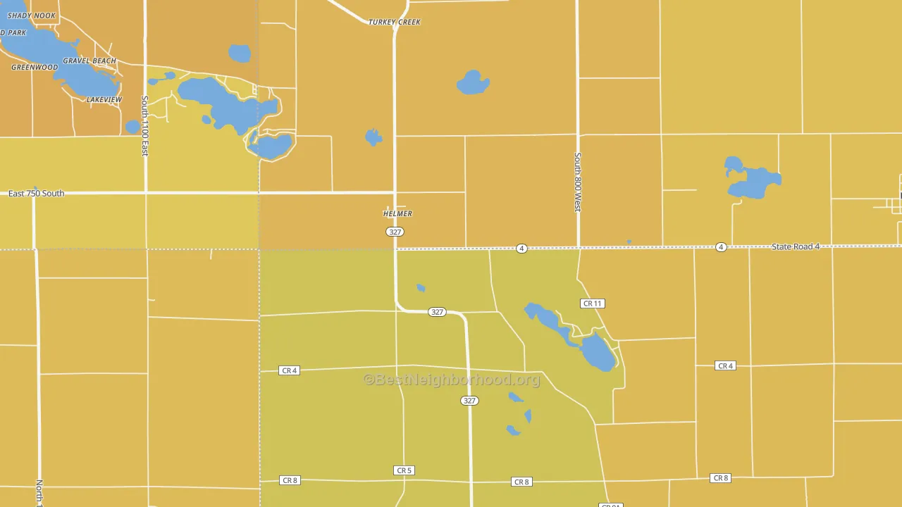 Map of the best neighborhoods in the Helmer area, with better matches in green and worse matches in red