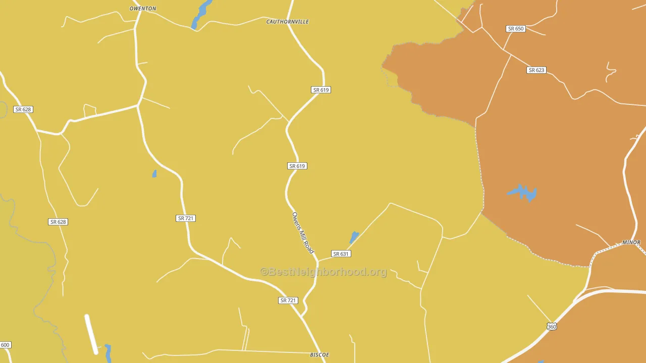 Map of the best neighborhoods in the Helmet area, with better matches in green and worse matches in red