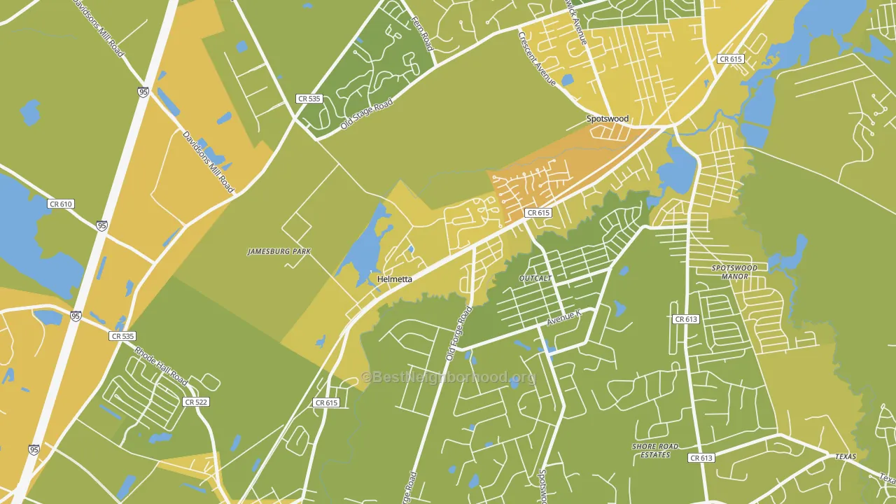 Map of the best neighborhoods in the Helmetta area, with better matches in green and worse matches in red