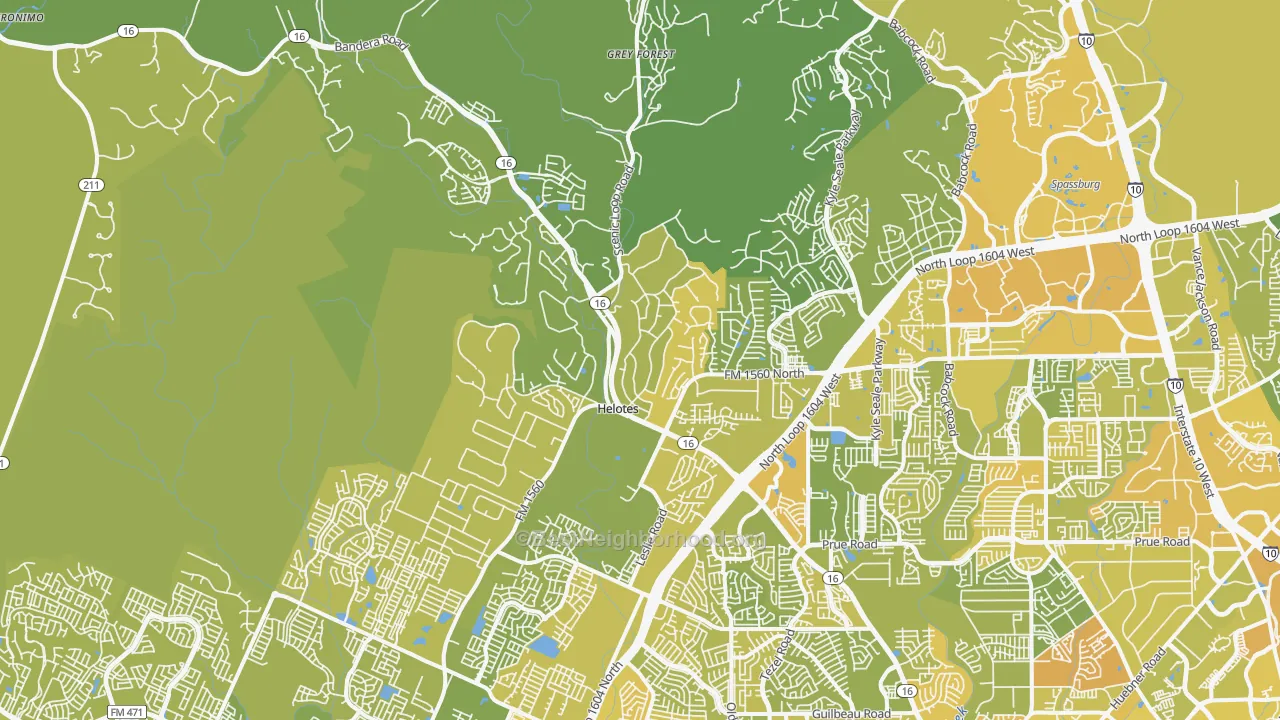 Map of the best neighborhoods in the Helotes area, with better matches in green and worse matches in red