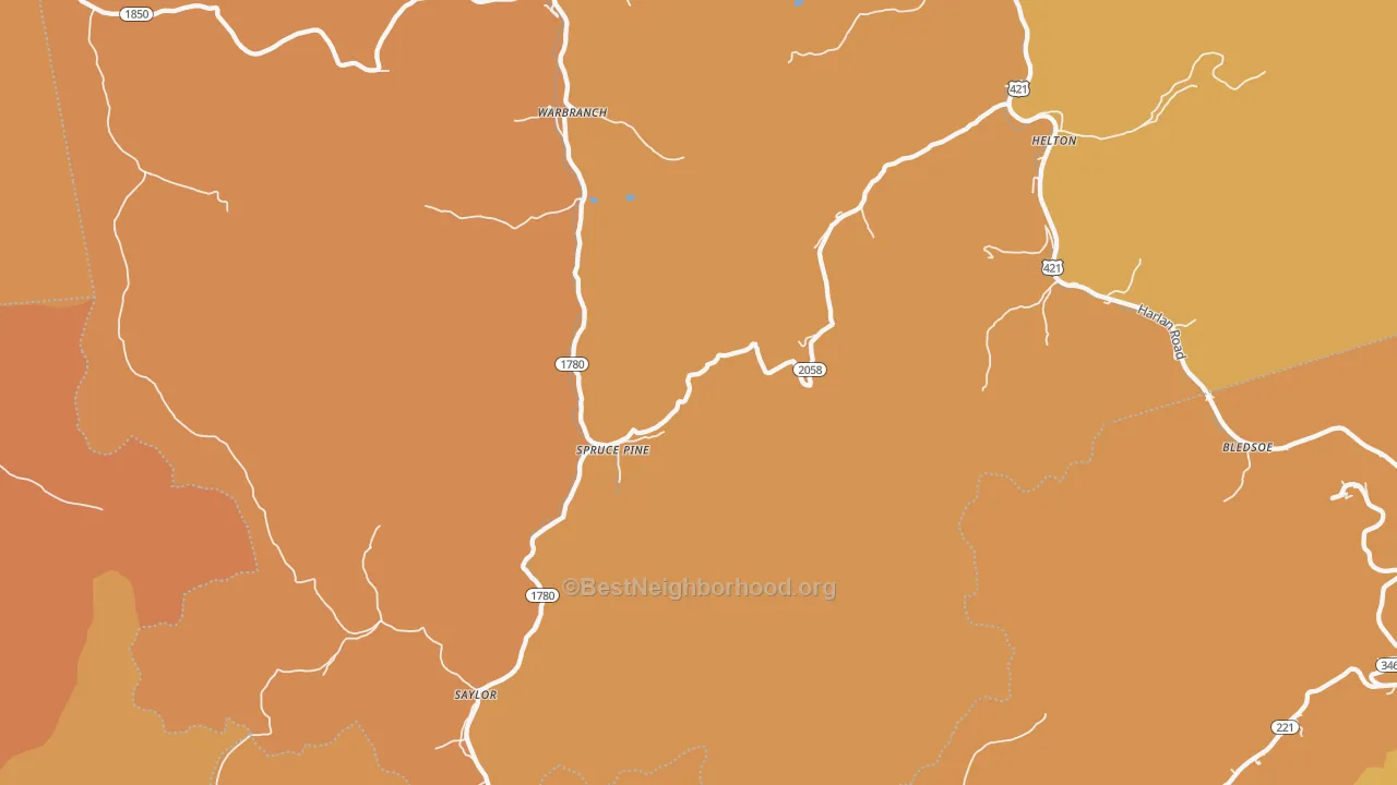 Map of the best neighborhoods in the Helton area, with better matches in green and worse matches in red