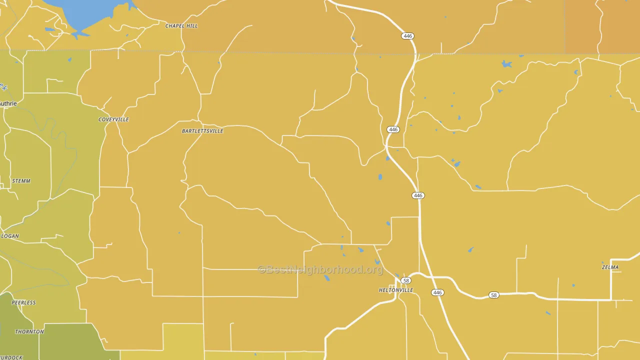 Map of the best neighborhoods in the Heltonville area, with better matches in green and worse matches in red