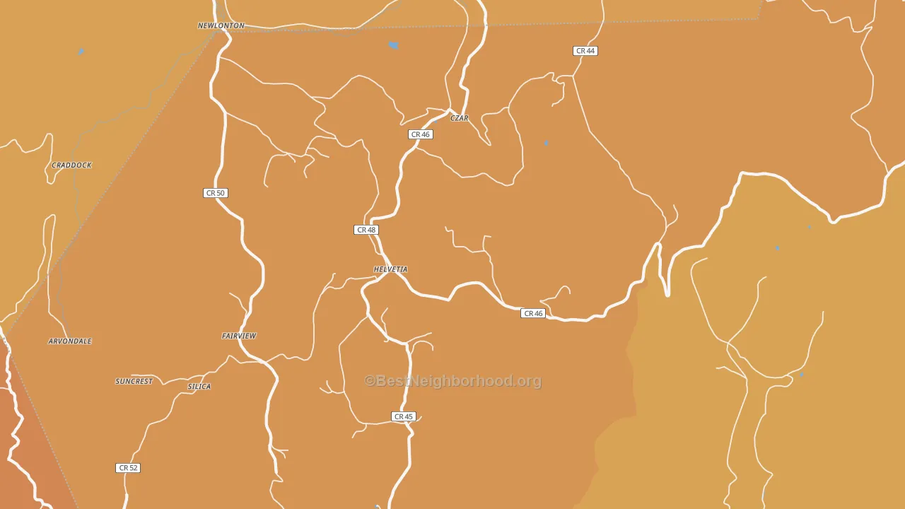 Map of the best neighborhoods in the Helvetia area, with better matches in green and worse matches in red