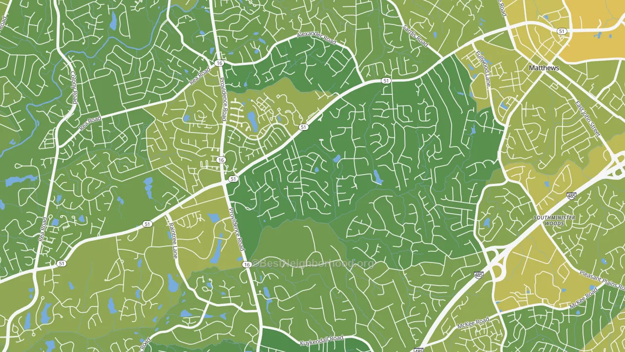 Map of the best neighborhoods in the Hembstead, Charlotte area, with better matches in green and worse matches in red