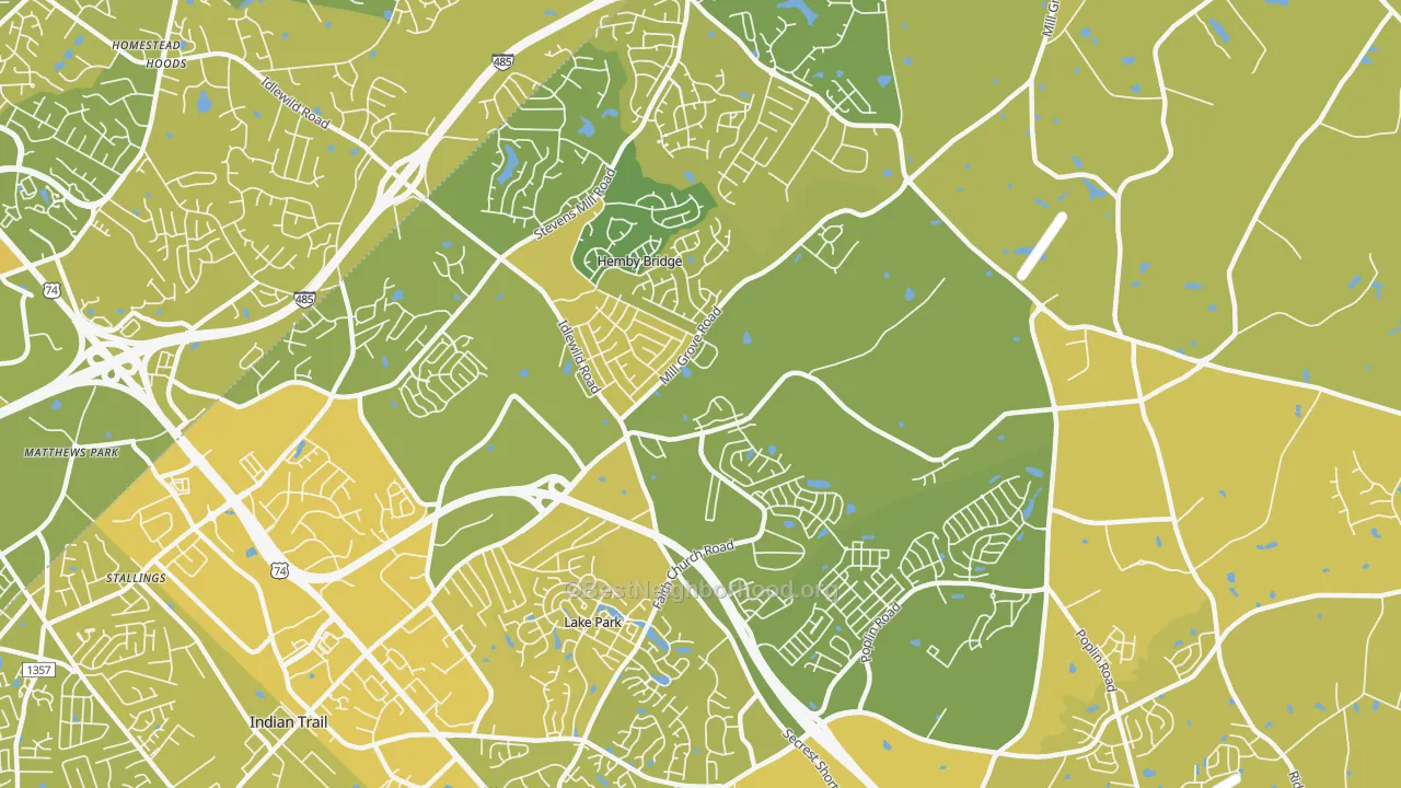 Map of the best neighborhoods in the Hemby Bridge area, with better matches in green and worse matches in red