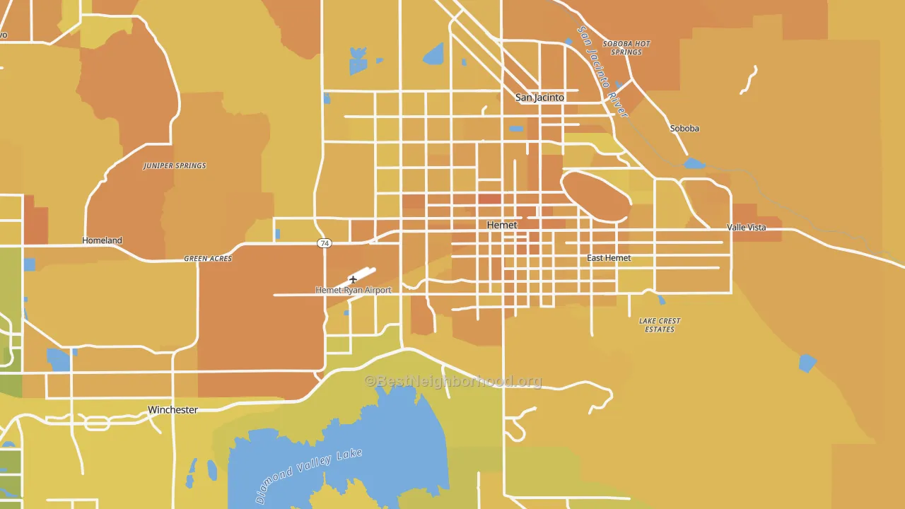 Map of the best neighborhoods in the Hemet area, with better matches in green and worse matches in red