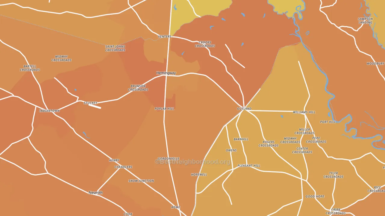 Map of the best neighborhoods in the Hemingway area, with better matches in green and worse matches in red