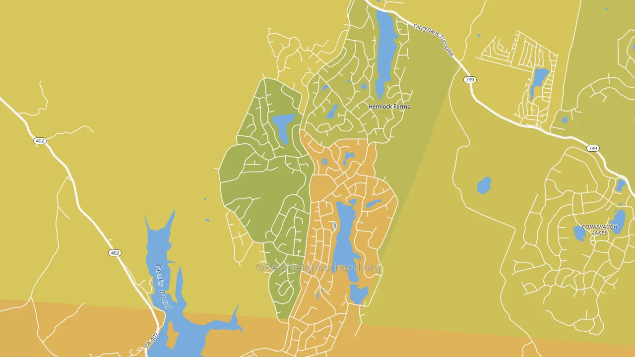 Map of the best neighborhoods in the Hemlock Farms area, with better matches in green and worse matches in red