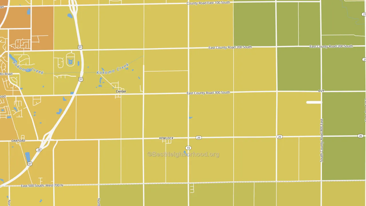 Map of the best neighborhoods in the Hemlock area, with better matches in green and worse matches in red