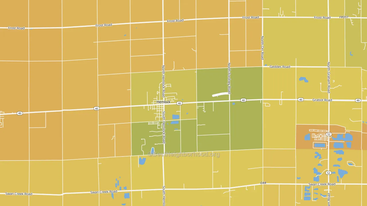 Map of the best neighborhoods in the Hemlock area, with better matches in green and worse matches in red
