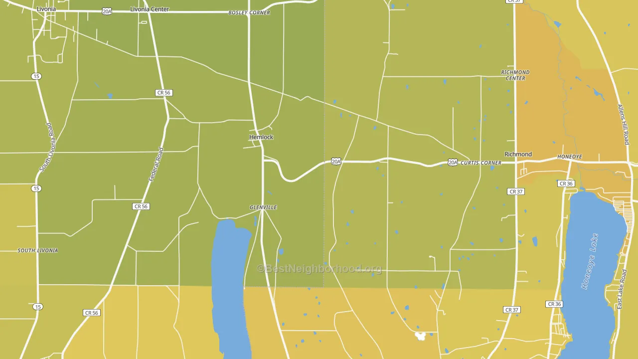 Map of the best neighborhoods in the Hemlock area, with better matches in green and worse matches in red