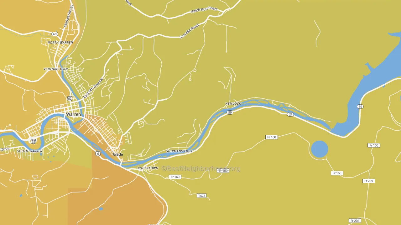 Map of the best neighborhoods in the Hemlock area, with better matches in green and worse matches in red