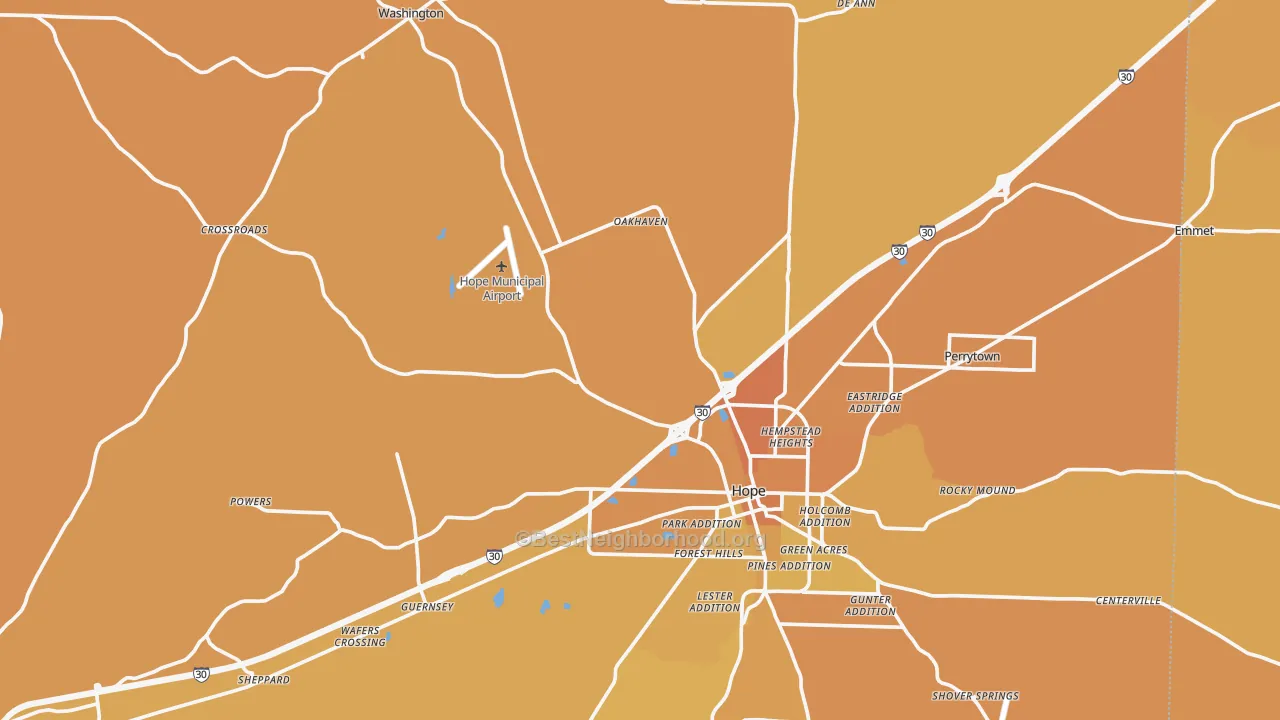 Map of the best neighborhoods in the Hempstead County area, with better matches in green and worse matches in red