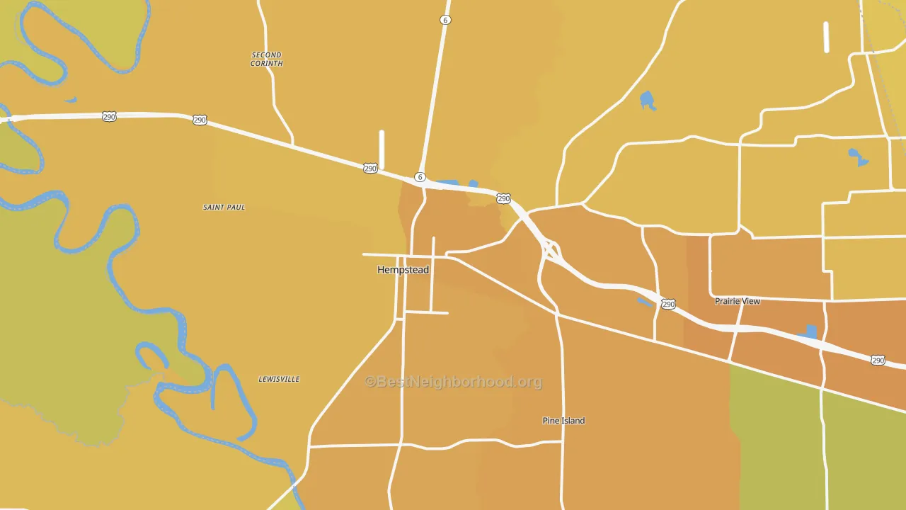 Map of the best neighborhoods in the Hempstead area, with better matches in green and worse matches in red