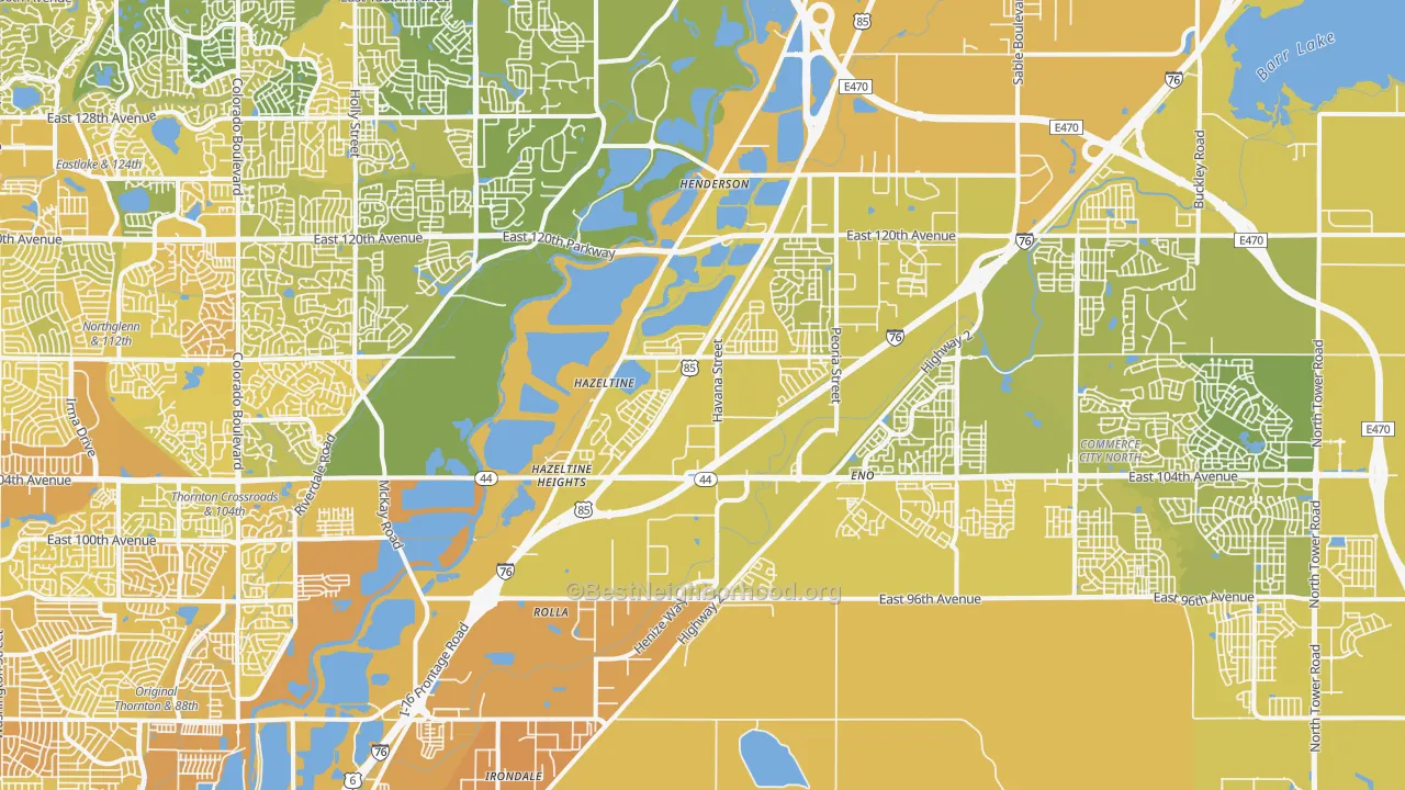 Map of the best neighborhoods in the Henderson area, with better matches in green and worse matches in red