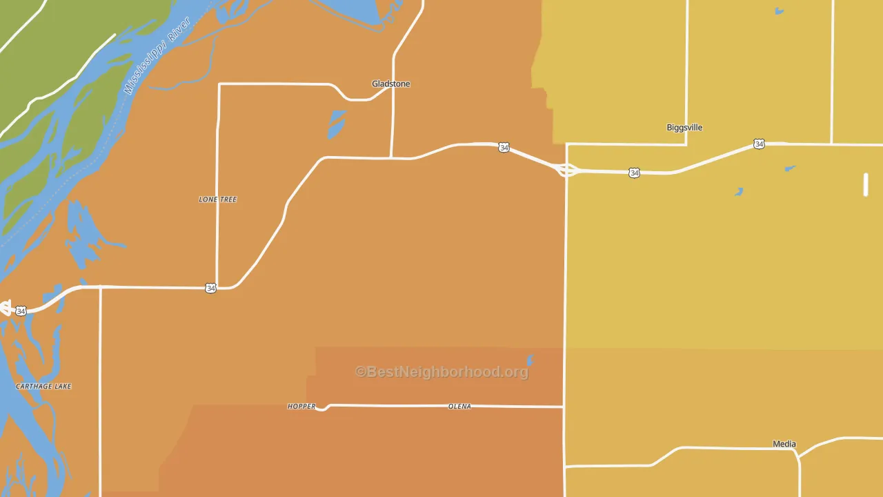 Map of the best neighborhoods in the Henderson County area, with better matches in green and worse matches in red