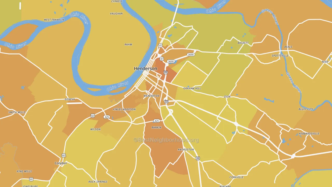 Map of the best neighborhoods in the Henderson County area, with better matches in green and worse matches in red