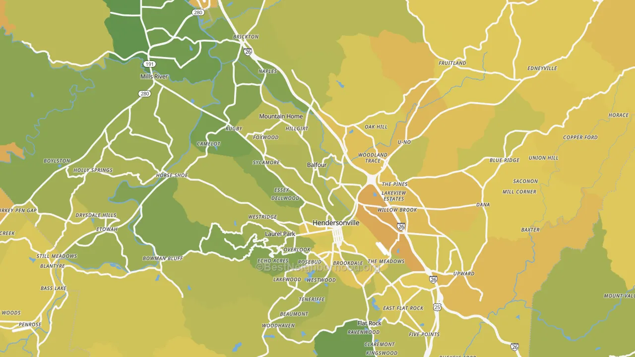 Map of the best neighborhoods in the Henderson County area, with better matches in green and worse matches in red