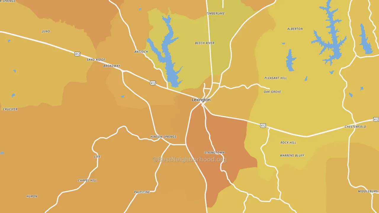 Map of the best neighborhoods in the Henderson County area, with better matches in green and worse matches in red