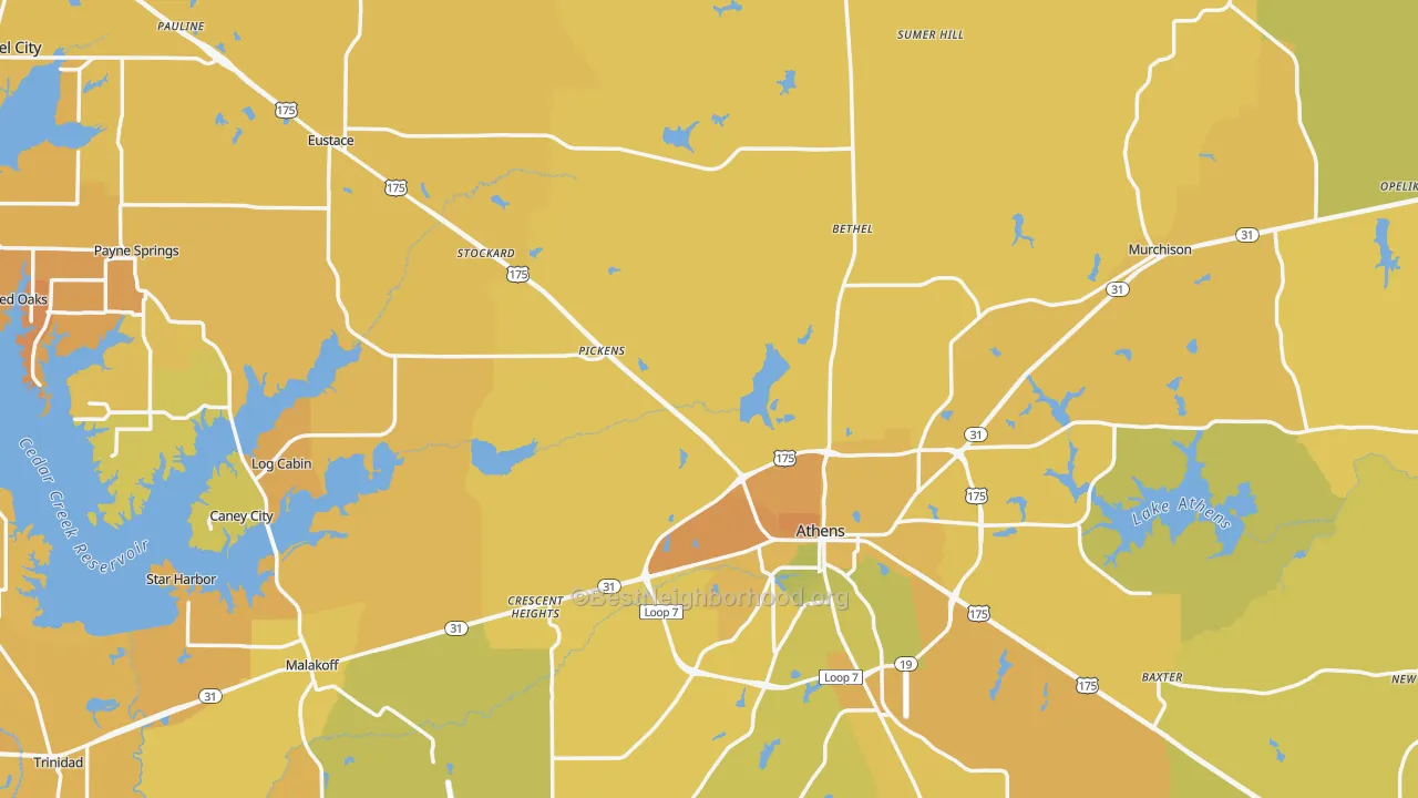 Map of the best neighborhoods in the Henderson County area, with better matches in green and worse matches in red