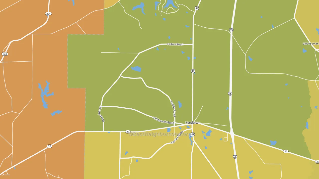 Map of the best neighborhoods in the Henderson area, with better matches in green and worse matches in red