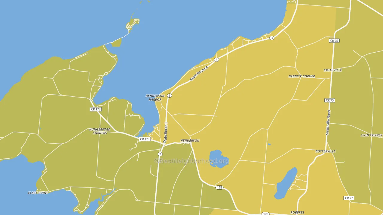 Map of the best neighborhoods in the Henderson Harbor area, with better matches in green and worse matches in red