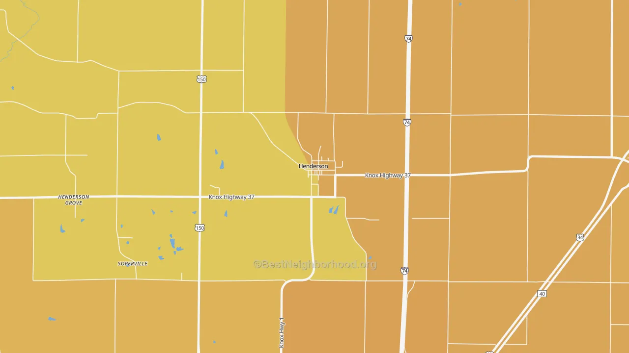 Map of the best neighborhoods in the Henderson area, with better matches in green and worse matches in red